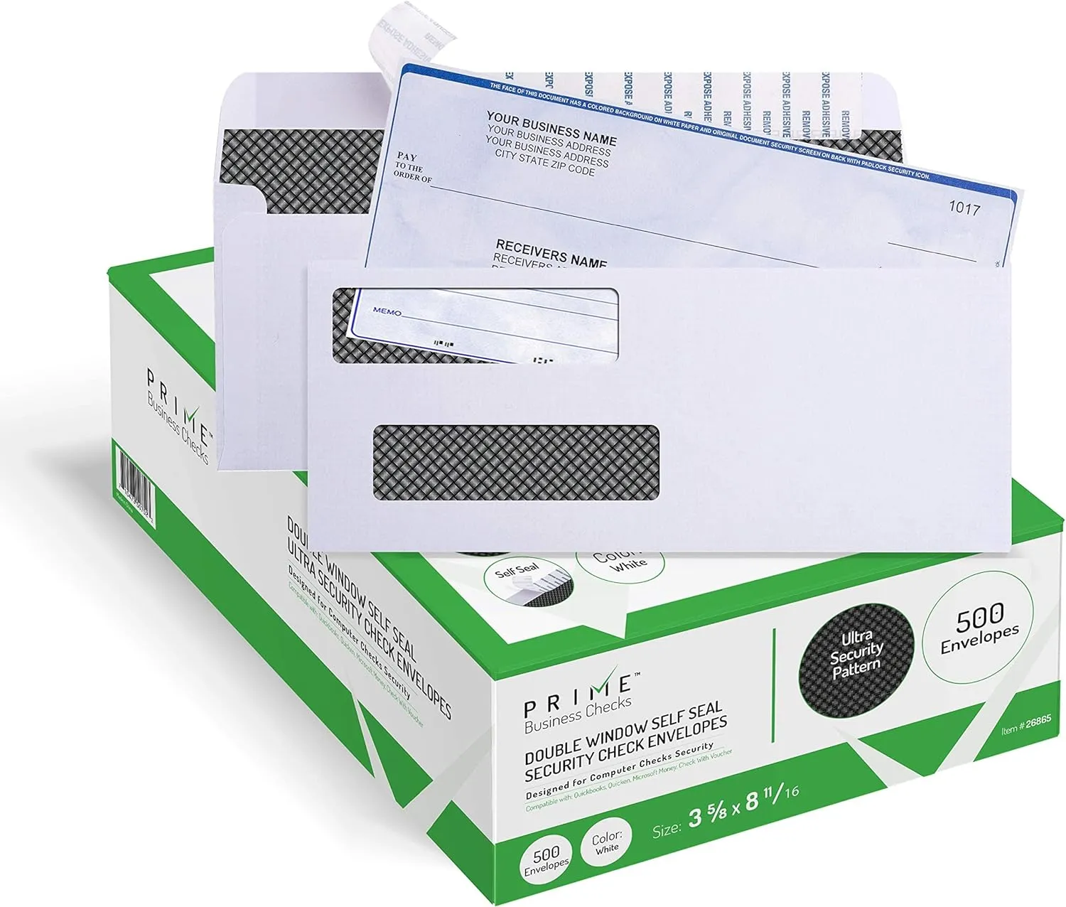 500 Self Seal QuickBooks Double Window Security Check Envelopes - for Business Laser Checks, Ultra Security Tinted, Self Adhesive Peel & Seal White, Size 3 5/8 x 8 11/16-24lb NOT for INVOICES (26865)
