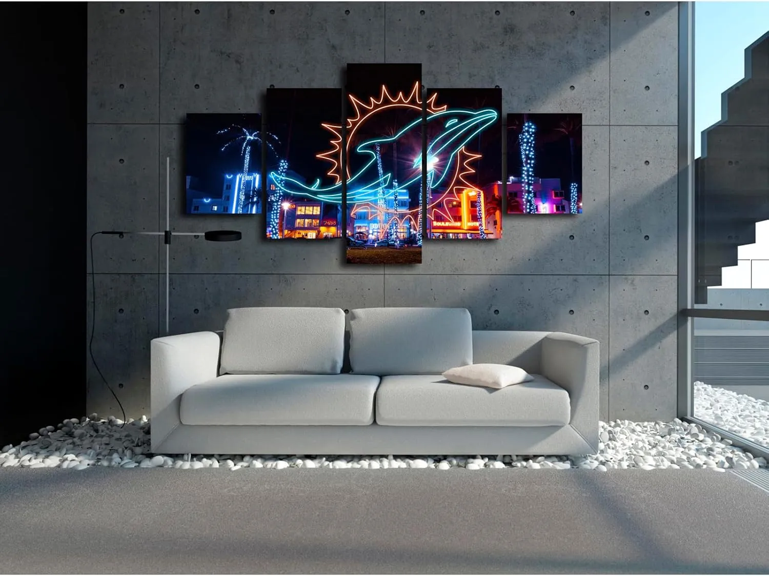 (60X100CM/5PCS) Frame Canvas Print Poster - Miami Beach hotel night view American football Neon Dolphins - Landscape Wall Art for Home and Office Decor