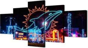 (60X100CM/5PCS) Frame Canvas Print Poster - Miami Beach hotel night view American football Neon Dolphins - Landscape Wall Art for Home and Office Decor