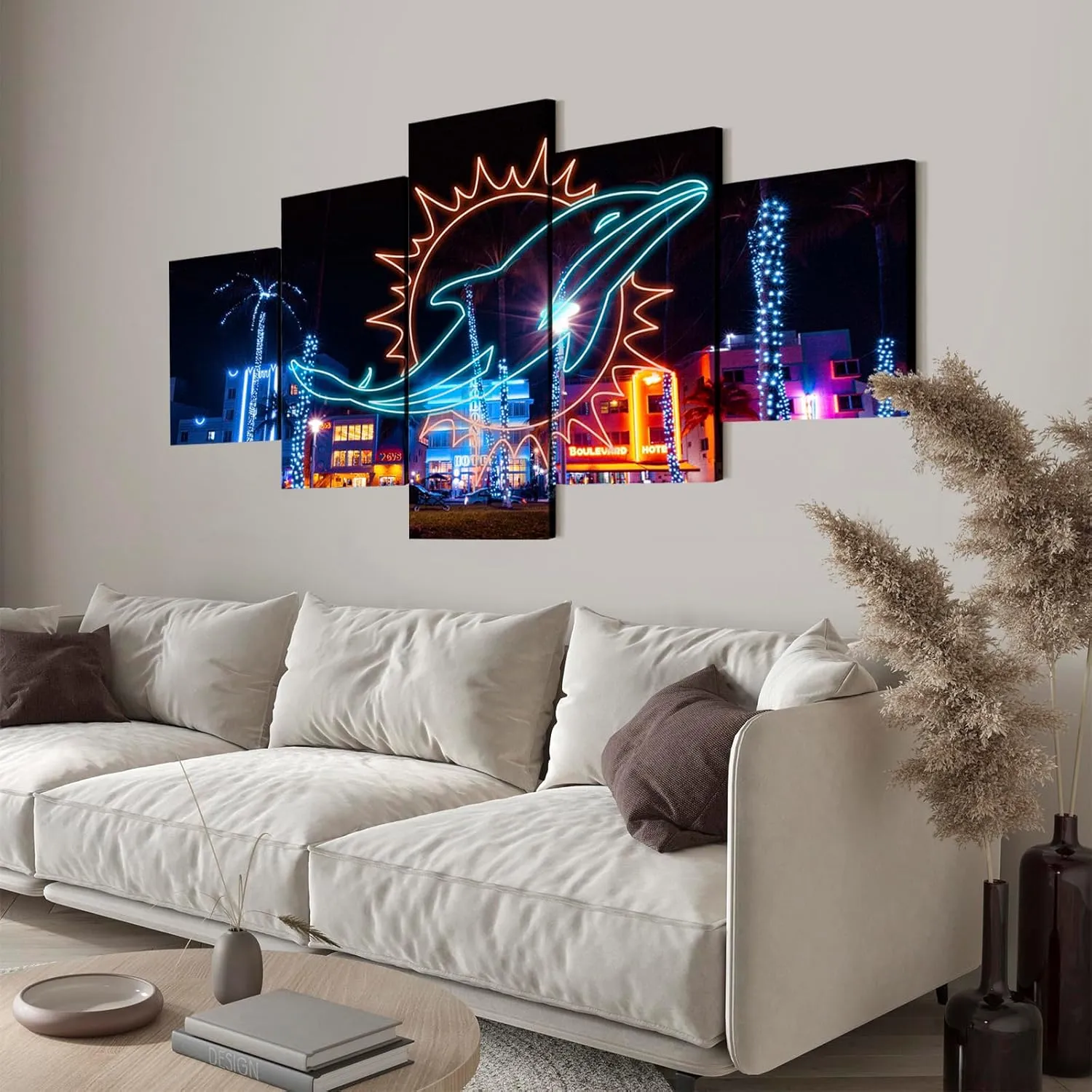(60X100CM/5PCS) Frame Canvas Print Poster - Miami Beach hotel night view American football Neon Dolphins - Landscape Wall Art for Home and Office Decor
