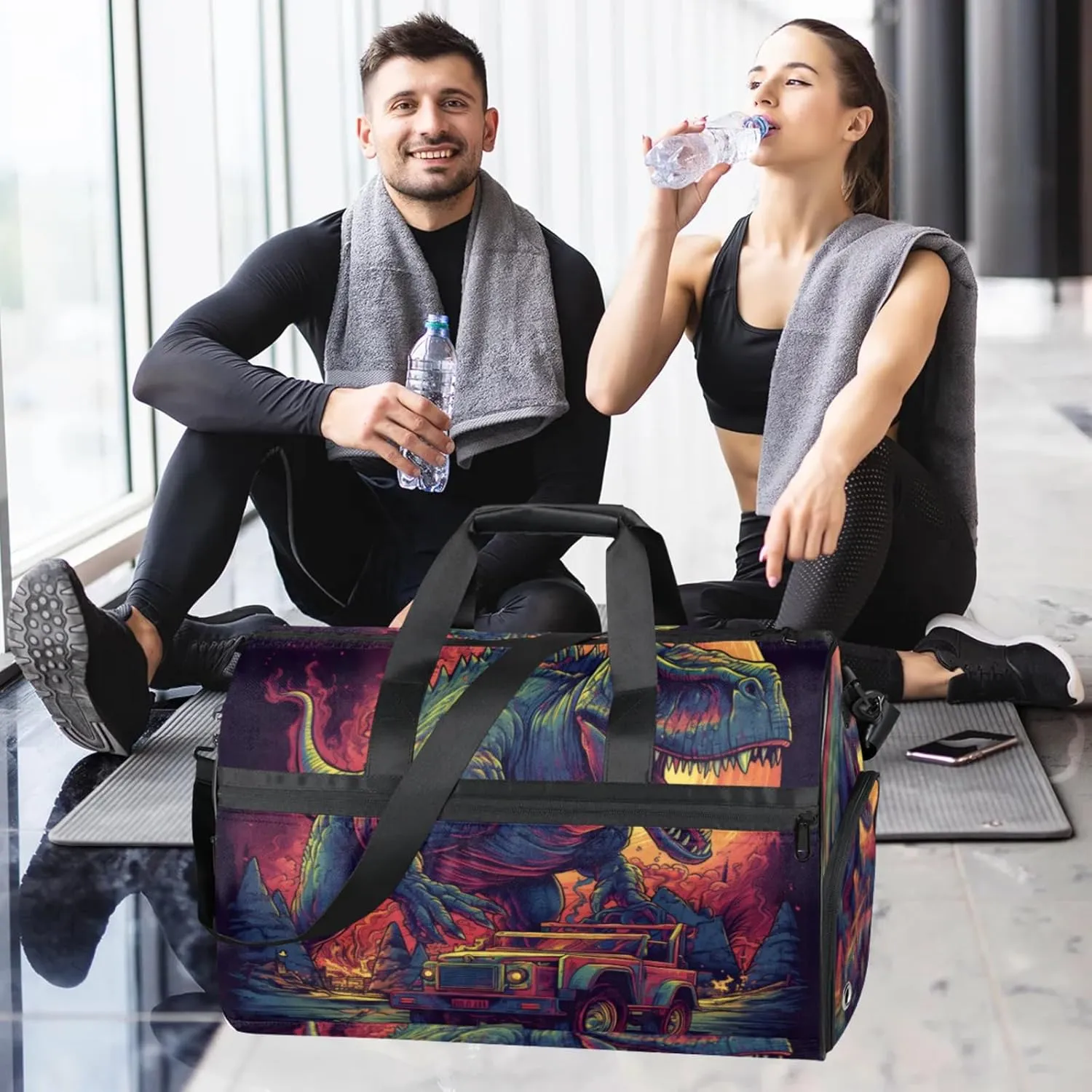 Abstract Gym Bag for Men- 43L large Duffle Bag for Travel, Dinosaur Pattern Travel Bag with Shoe Compartment-Personal Item Travel Bag Weekender Bags for Women
