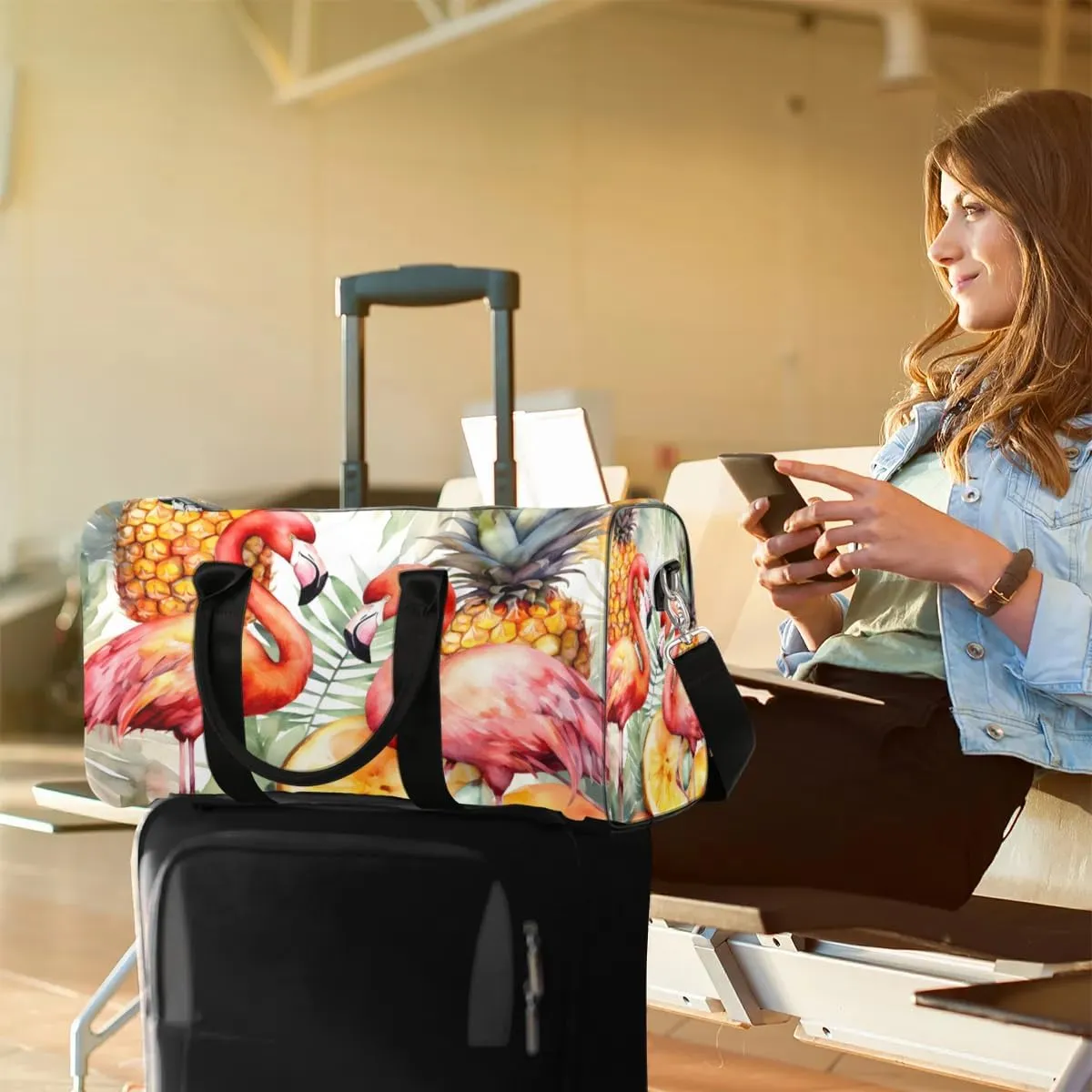 Abstract Print Flamingo Travel Duffel Bag for Women Men Waterproof Foldable Overnight Weekender Bag Large Capacity Sports Gym Bag
