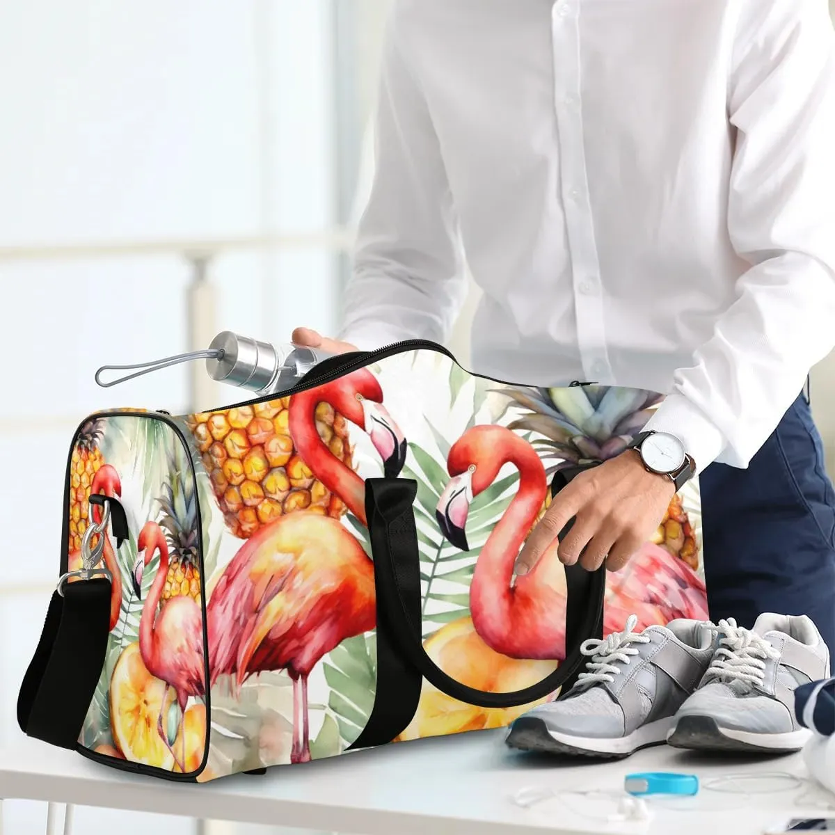 Abstract Print Flamingo Travel Duffel Bag for Women Men Waterproof Foldable Overnight Weekender Bag Large Capacity Sports Gym Bag