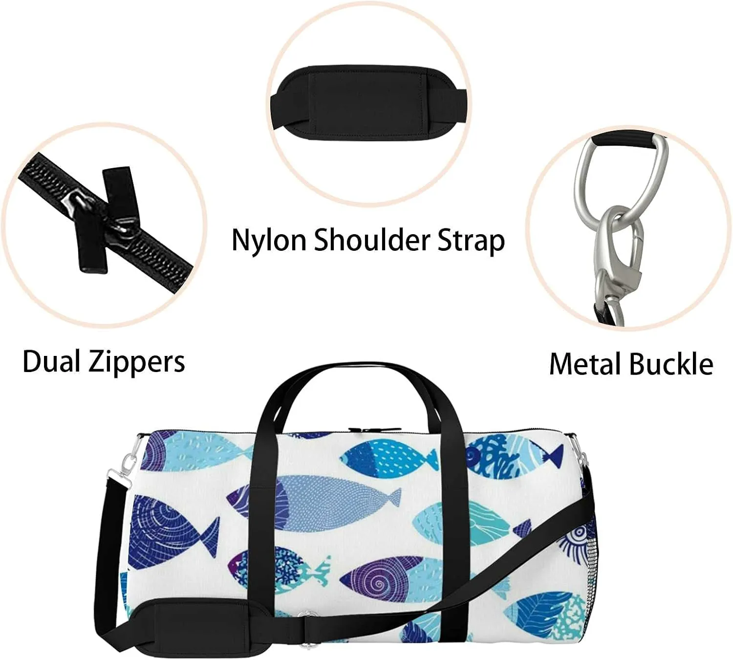 Abstract Sea Fish Sports Duffel Bag Travel Gym Tote Bags Lightweight Durable Shoulder Strap Waterproof Polyester Outside Mesh Pocket Overnight Trip Duffel Bag for Women Men