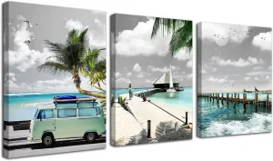 Acocifi Ocean Canvas Wall Art Beach Coastal Seascape Painting Mint Green Picture Bathroom Tropical Summer Turquoise Palm Tree Print Artwork Framed for Bedroom Living Room Home Office Decor 12"x16"x3
