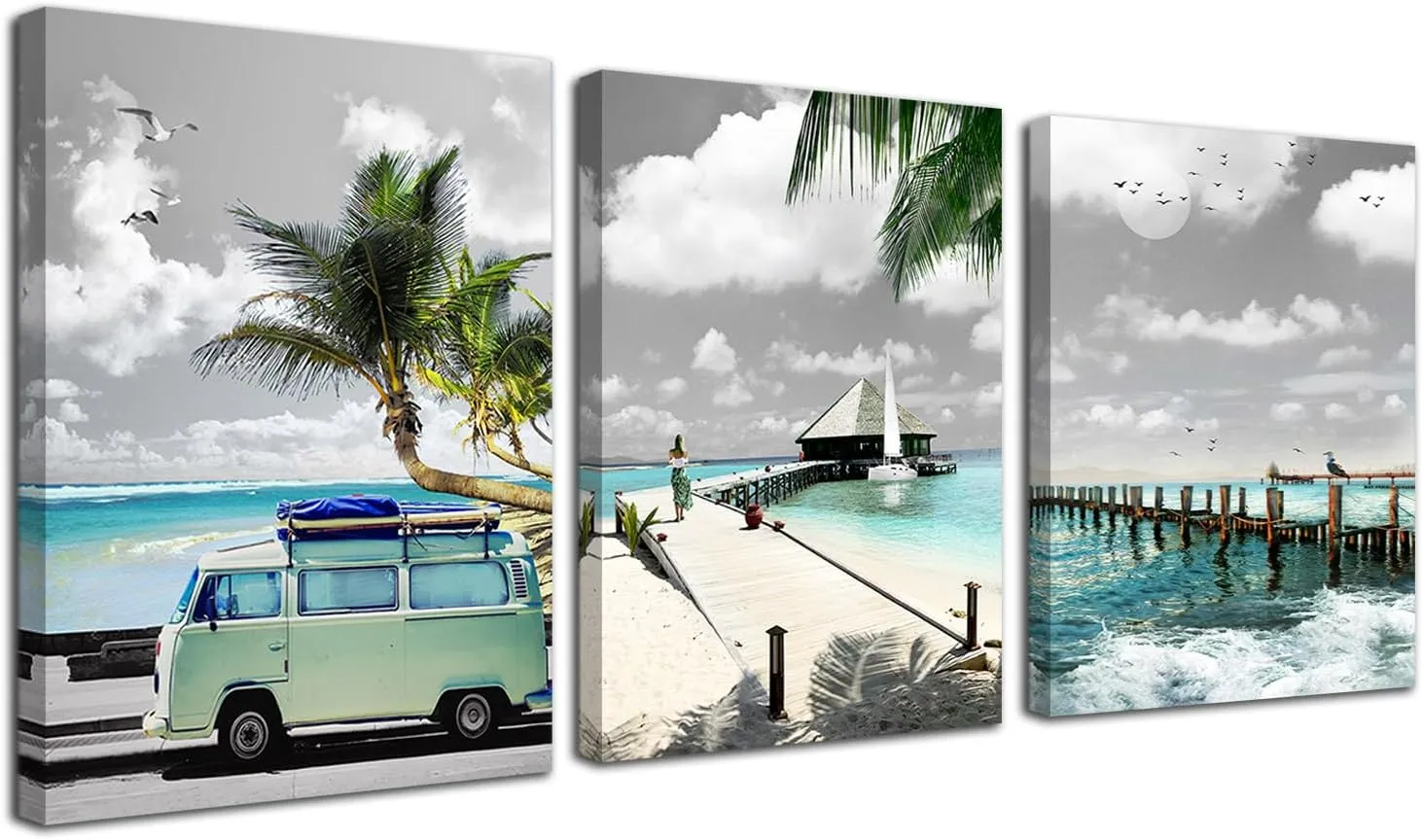 Acocifi Ocean Canvas Wall Art Beach Coastal Seascape Painting Mint Green Picture Bathroom Tropical Summer Turquoise Palm Tree Print Artwork Framed for Bedroom Living Room Home Office Decor 12"x16"x3