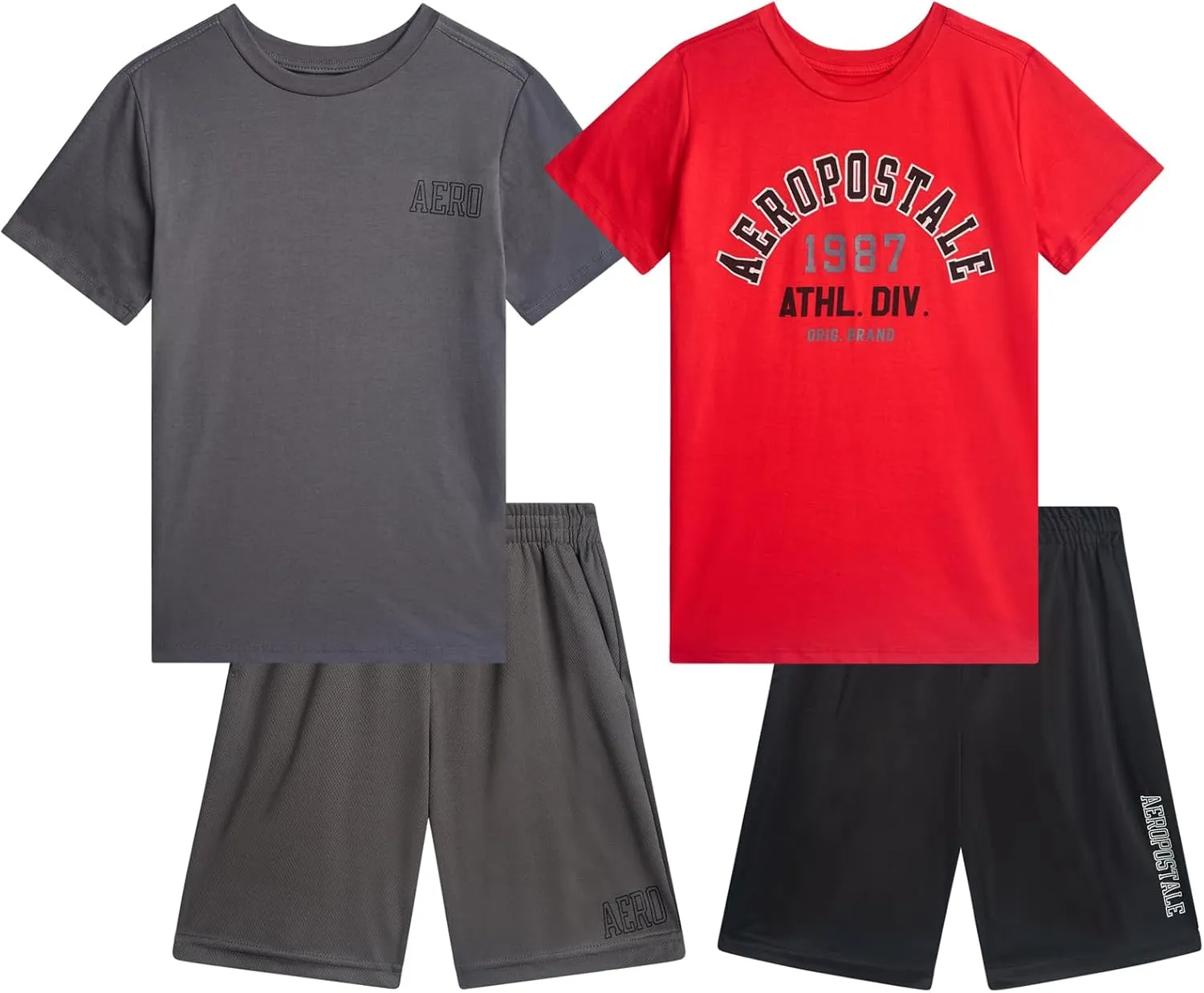 AEROPOSTALE Boys' Shorts Set - 4 Piece Short Sleeve Crew Neck Jersey Graphic T-Shirt and Mesh Shorts Set for Boys, Sizes:8-12