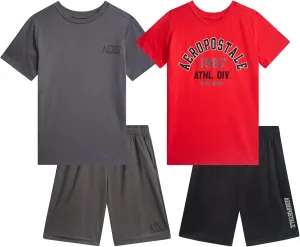 AEROPOSTALE Boys' Shorts Set - 4 Piece Short Sleeve Crew Neck Jersey Graphic T-Shirt and Mesh Shorts Set for Boys, Sizes:8-12