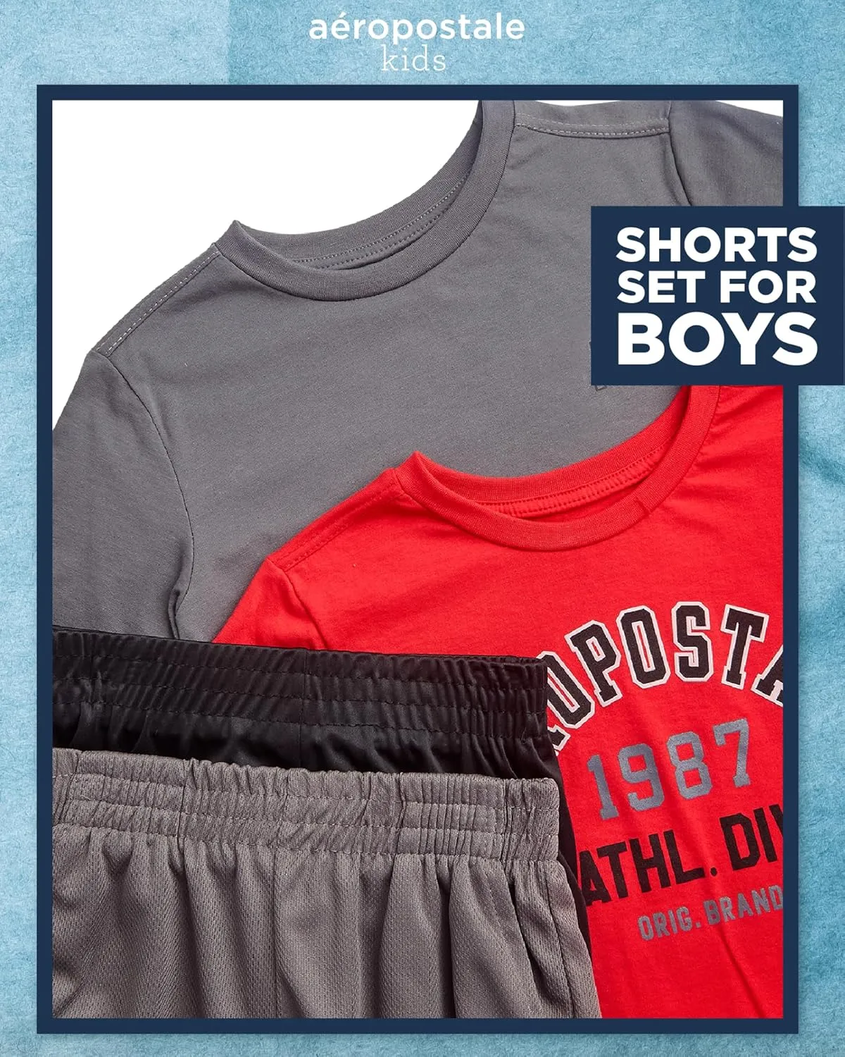 AEROPOSTALE Boys' Shorts Set - 4 Piece Short Sleeve Crew Neck Jersey Graphic T-Shirt and Mesh Shorts Set for Boys, Sizes:8-12