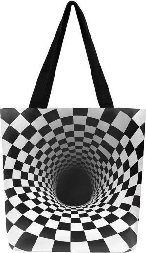 Aesthetic Canvas Tote Bag for Women,Black White Grid Reusable Grocery Handbag,Visual Abstraction Shopping Canvas Bags