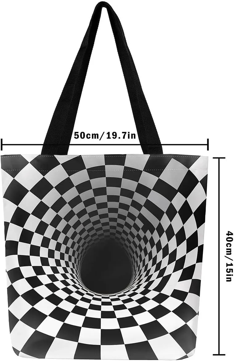 Aesthetic Canvas Tote Bag for Women,Black White Grid Reusable Grocery Handbag,Visual Abstraction Shopping Canvas Bags