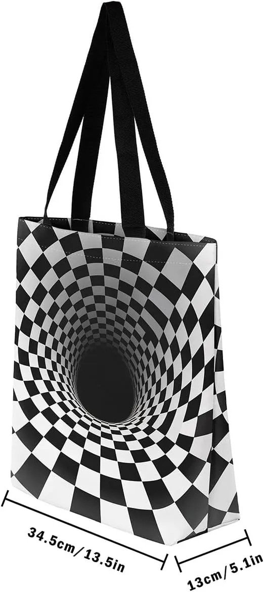 Aesthetic Canvas Tote Bag for Women,Black White Grid Reusable Grocery Handbag,Visual Abstraction Shopping Canvas Bags