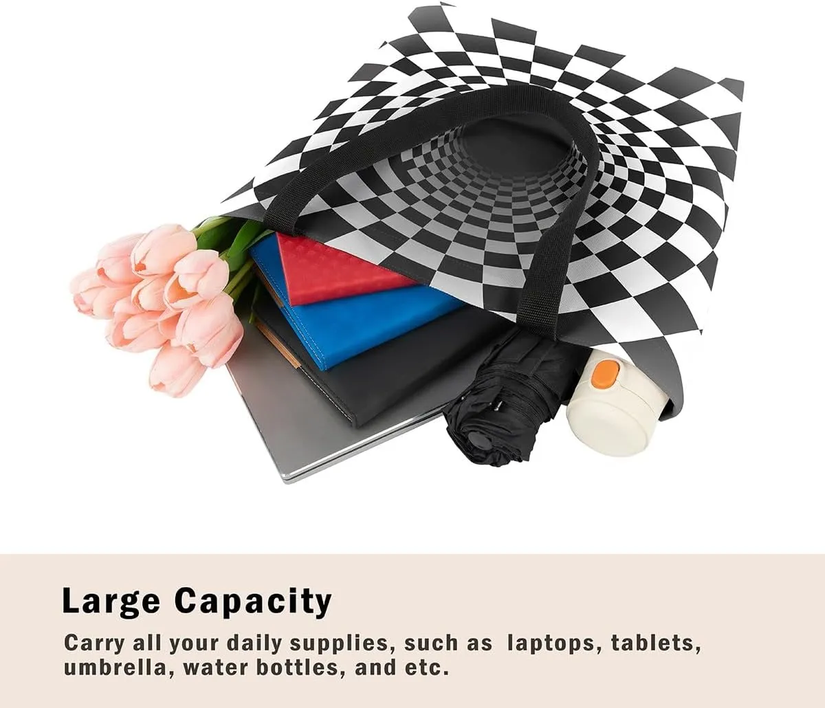 Aesthetic Canvas Tote Bag for Women,Black White Grid Reusable Grocery Handbag,Visual Abstraction Shopping Canvas Bags