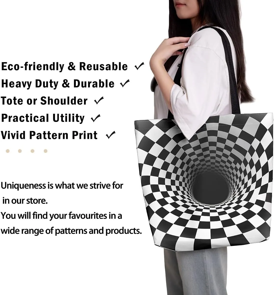 Aesthetic Canvas Tote Bag for Women,Black White Grid Reusable Grocery Handbag,Visual Abstraction Shopping Canvas Bags