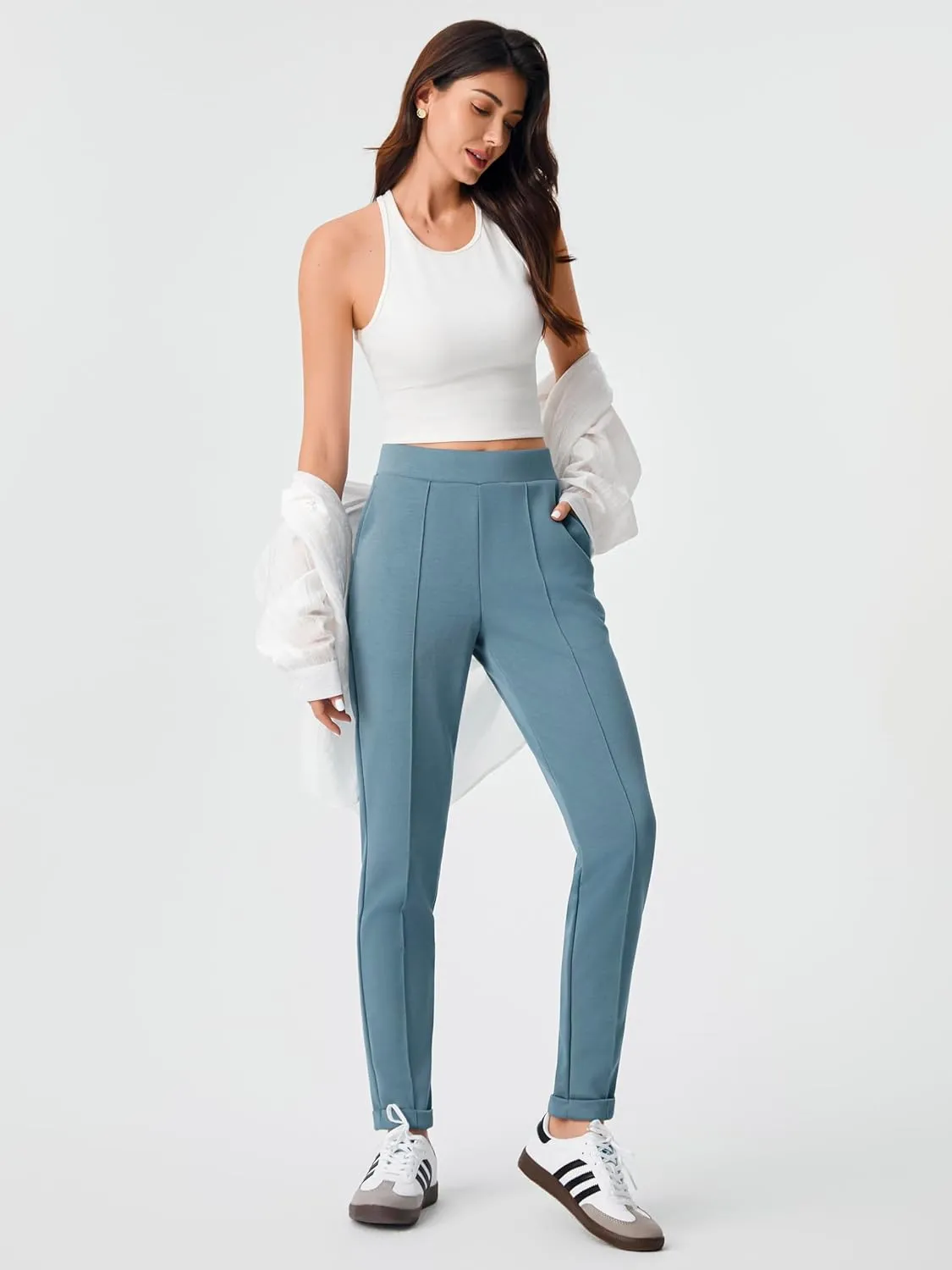 AFITNE Women’s High Waisted Dress Casual Pants Stretchy Pull On Work Business Slacks Comfy Office Trousers with Pockets