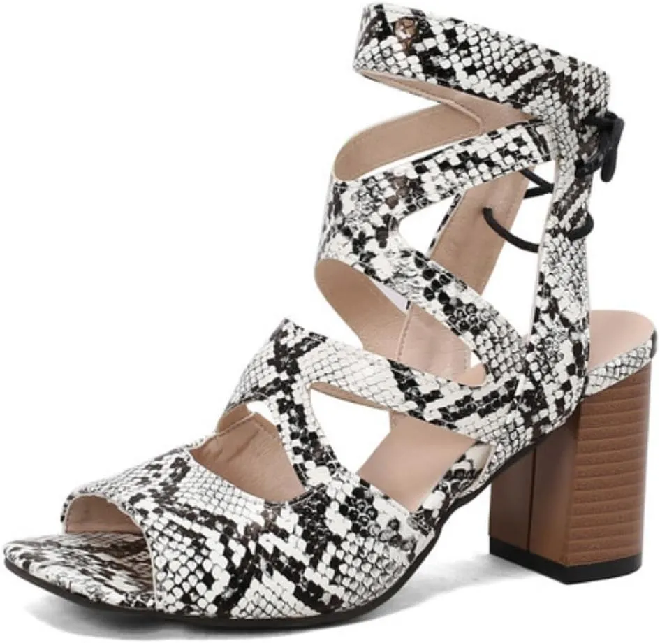 Aflngle Women's Snakeskin Printed Square Toe Open Toe Sandals Fashion Snake Print Chunky High Heel Back Lace Up Hollow Summer Sandal Ankle Boots