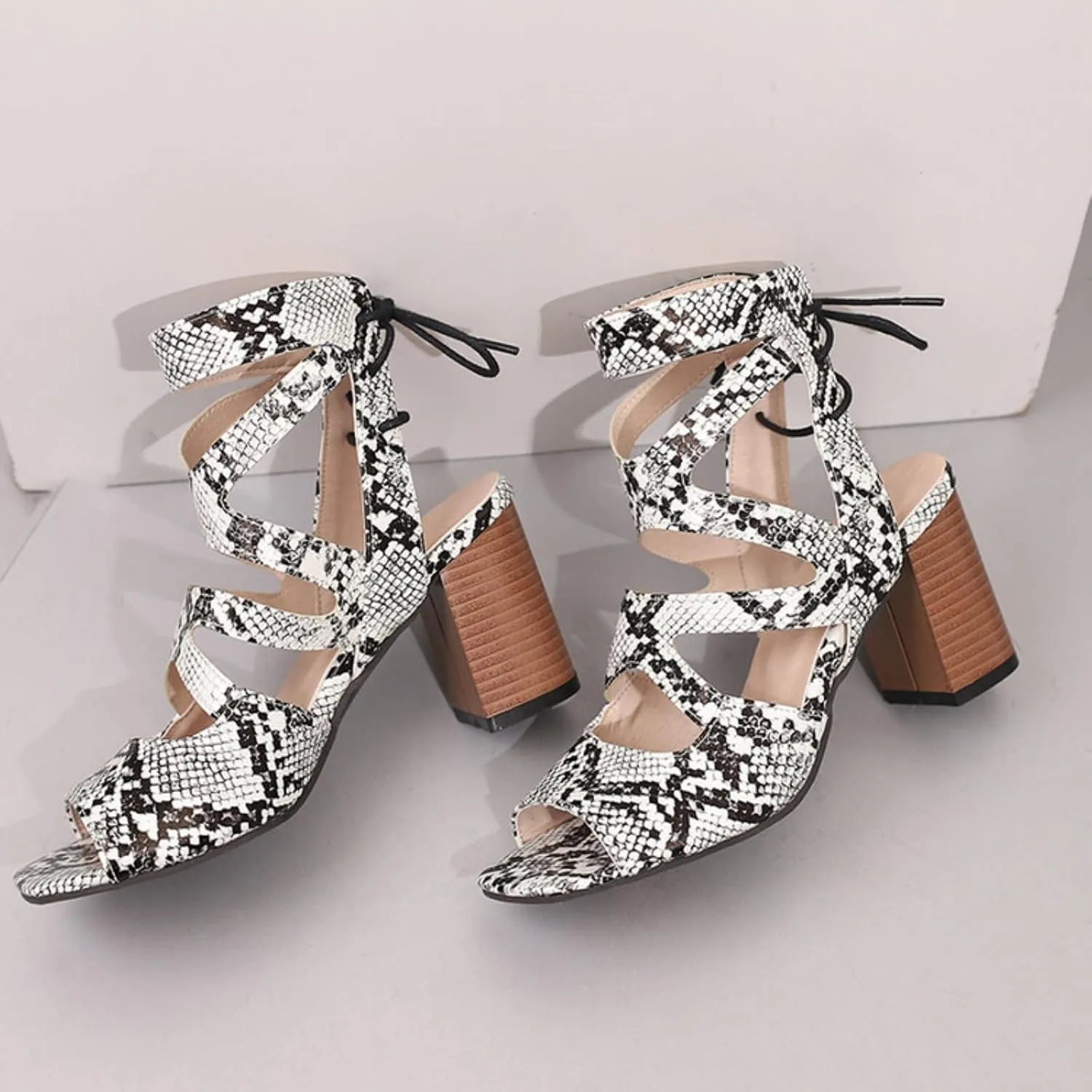 Aflngle Women's Snakeskin Printed Square Toe Open Toe Sandals Fashion Snake Print Chunky High Heel Back Lace Up Hollow Summer Sandal Ankle Boots
