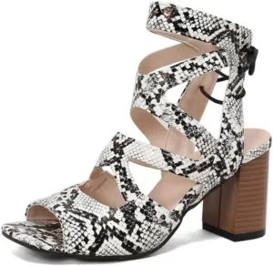 Aflngle Women's Snakeskin Printed Square Toe Open Toe Sandals Fashion Snake Print Chunky High Heel Back Lace Up Hollow Summer Sandal Ankle Boots