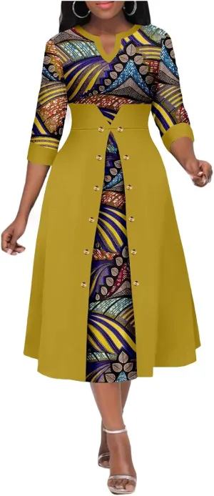 Africa Ankara Printed Fabric Women's Dress V Neck Sexy Double Hem Splicing Clash Color Model Skirt
