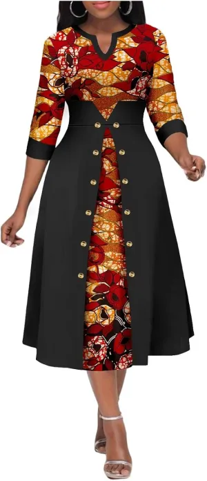 Africa Ankara Printed Fabric Women's Dress V Neck Sexy Double Hem Splicing Clash Color Model Skirt