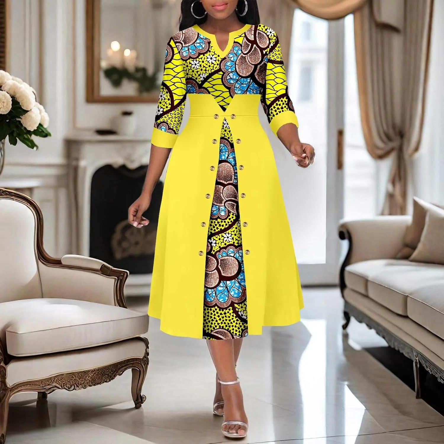 Africa Ankara Printed Fabric Women's Dress V Neck Sexy Double Hem Splicing Clash Color Model Skirt