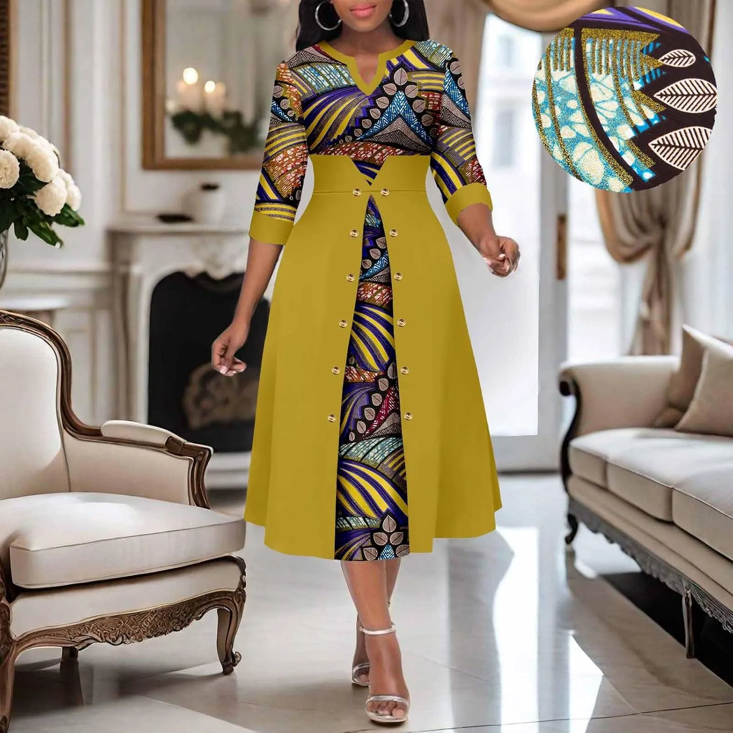 Africa Ankara Printed Fabric Women's Dress V Neck Sexy Double Hem Splicing Clash Color Model Skirt