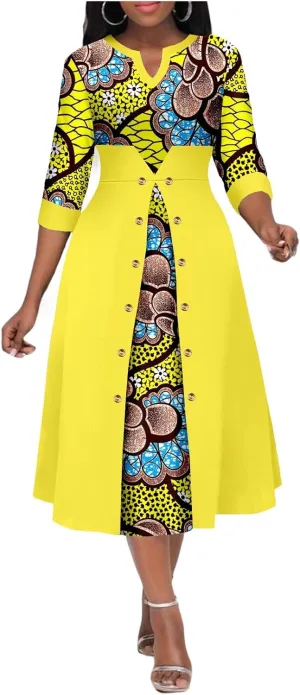 Africa Ankara Printed Fabric Women's Dress V Neck Sexy Double Hem Splicing Clash Color Model Skirt