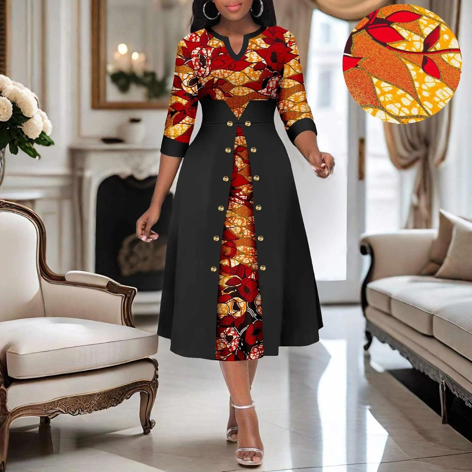 Africa Ankara Printed Fabric Women's Dress V Neck Sexy Double Hem Splicing Clash Color Model Skirt