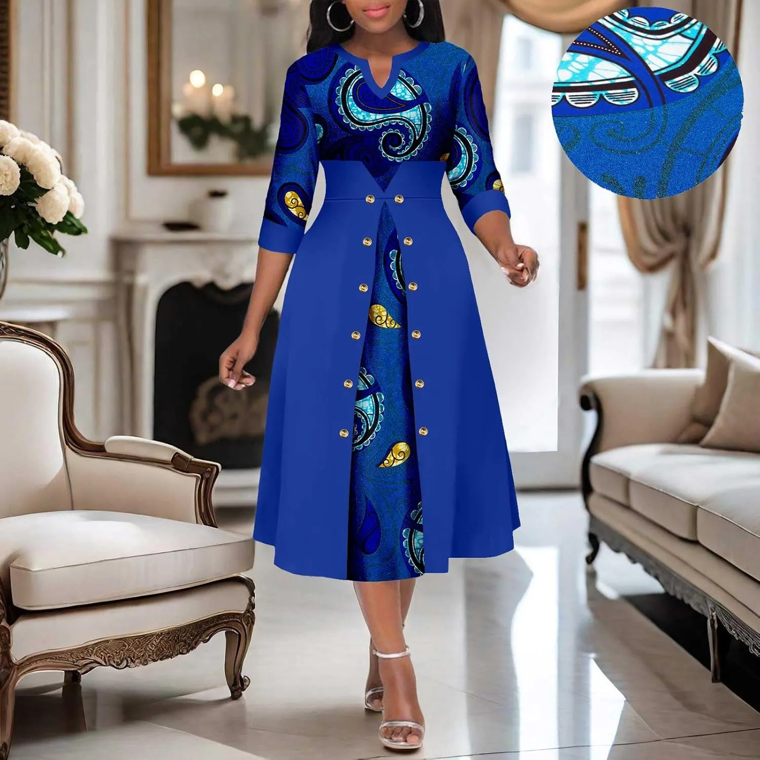 Africa Ankara Printed Fabric Women's Dress V Neck Sexy Double Hem Splicing Clash Color Model Skirt
