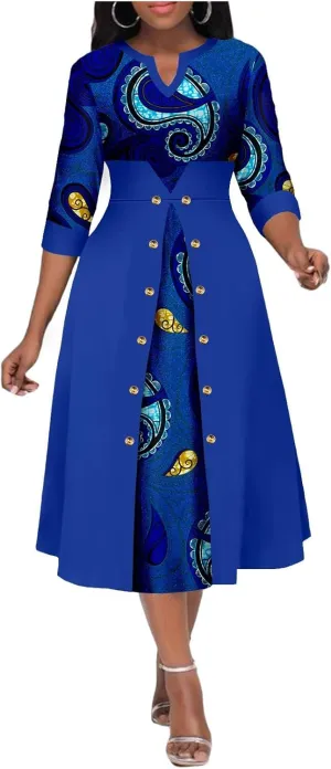 Africa Ankara Printed Fabric Women's Dress V Neck Sexy Double Hem Splicing Clash Color Model Skirt