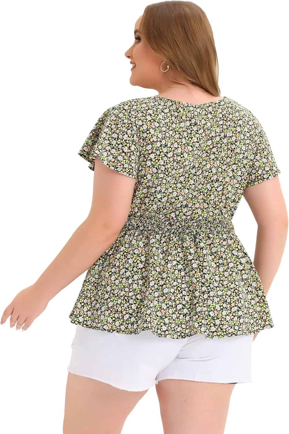 Agnes Orinda Plus Size Blouses for Women Button V Neck Smocked Waist Flare Short Sleeve Peplum Floral Tops