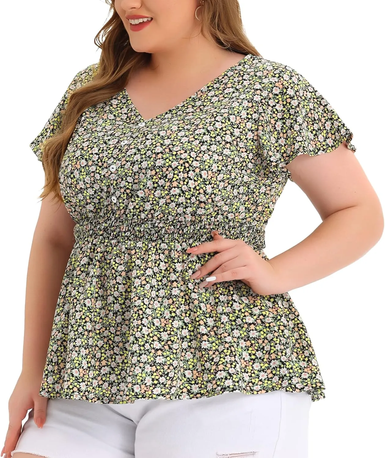 Agnes Orinda Plus Size Blouses for Women Button V Neck Smocked Waist Flare Short Sleeve Peplum Floral Tops