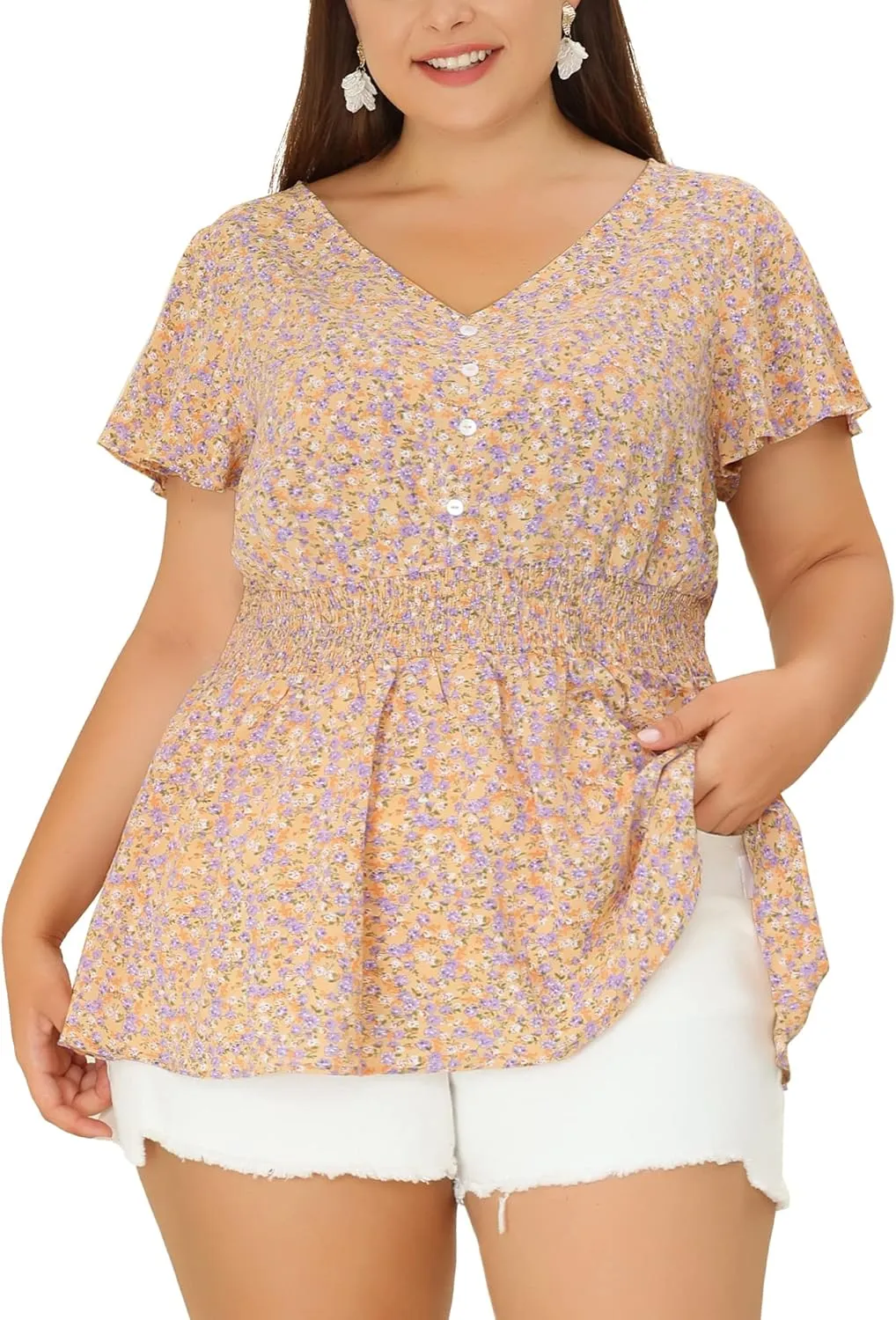 Agnes Orinda Plus Size Blouses for Women Button V Neck Smocked Waist Flare Short Sleeve Peplum Floral Tops