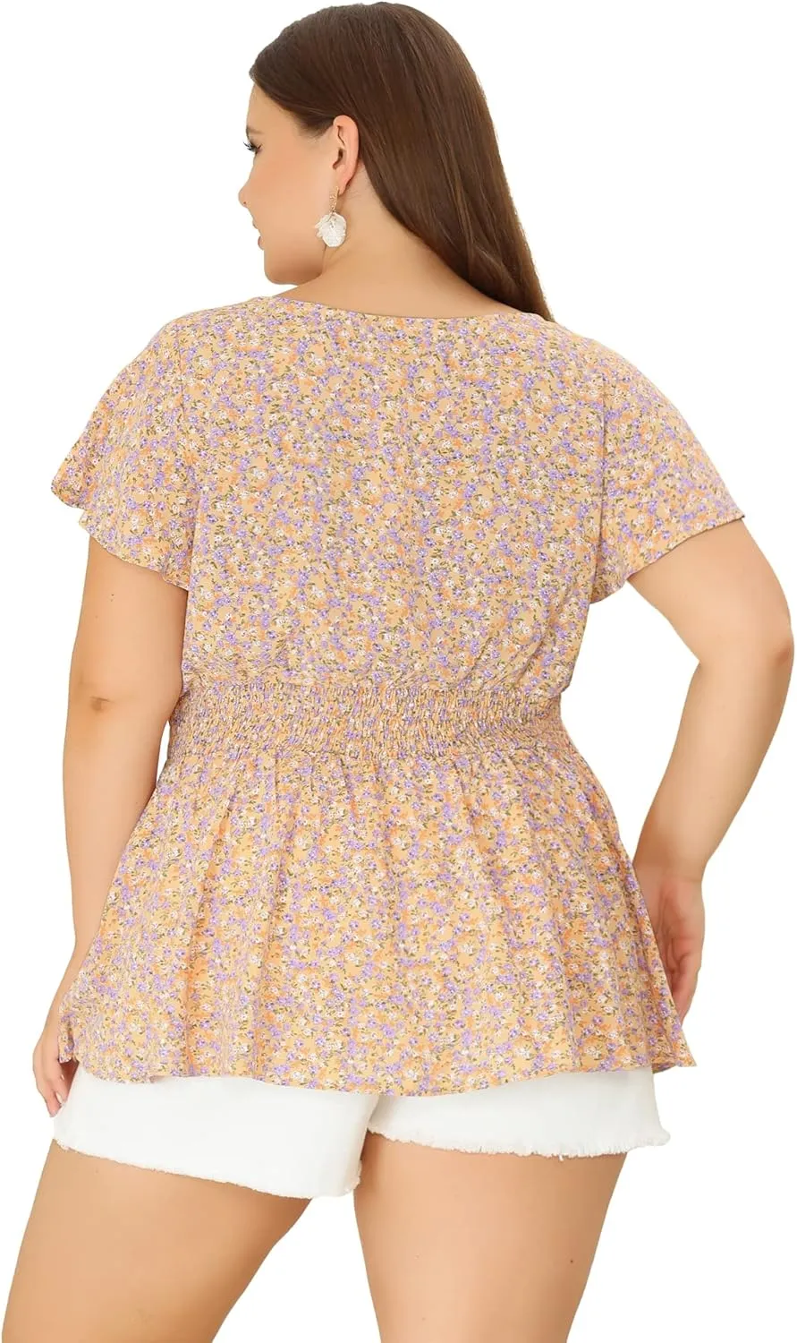 Agnes Orinda Plus Size Blouses for Women Button V Neck Smocked Waist Flare Short Sleeve Peplum Floral Tops