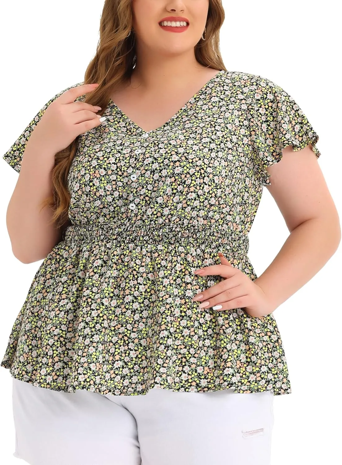 Agnes Orinda Plus Size Blouses for Women Button V Neck Smocked Waist Flare Short Sleeve Peplum Floral Tops