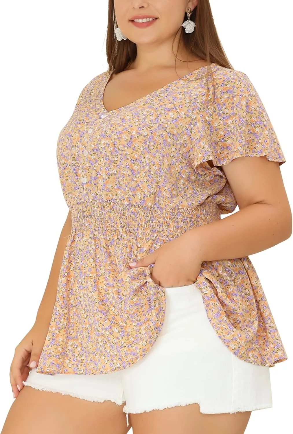 Agnes Orinda Plus Size Blouses for Women Button V Neck Smocked Waist Flare Short Sleeve Peplum Floral Tops
