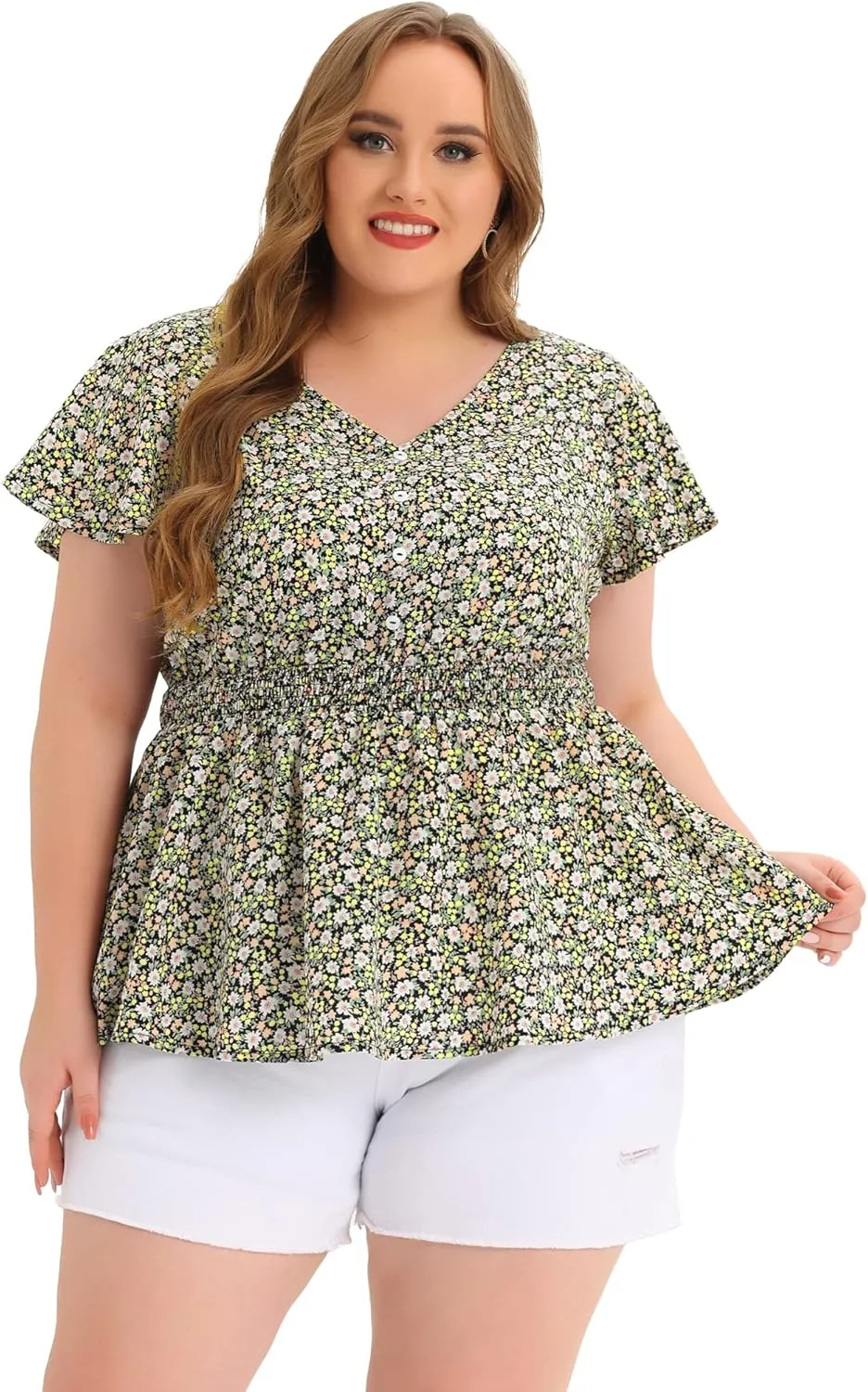 Agnes Orinda Plus Size Blouses for Women Button V Neck Smocked Waist Flare Short Sleeve Peplum Floral Tops