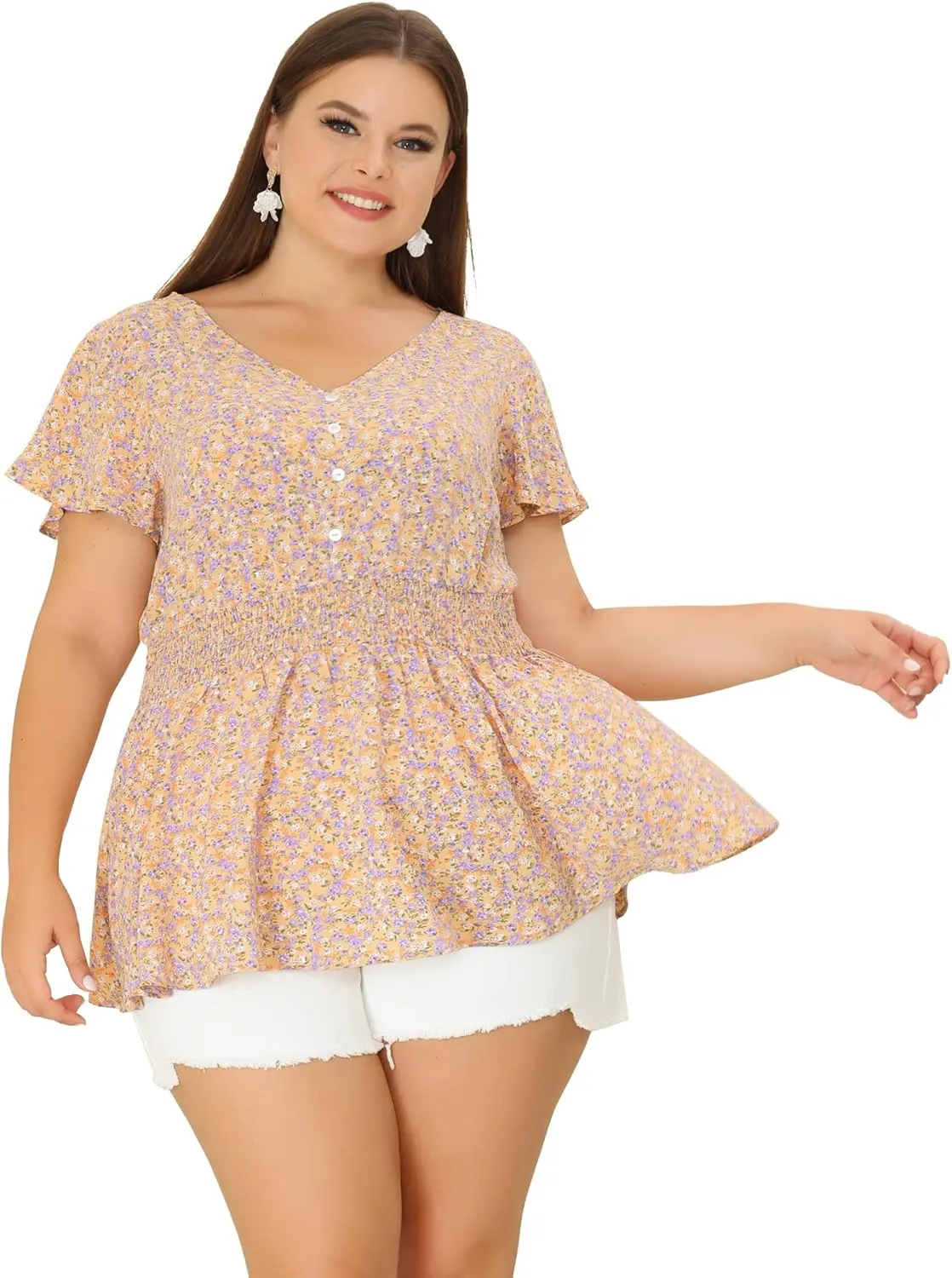 Agnes Orinda Plus Size Blouses for Women Button V Neck Smocked Waist Flare Short Sleeve Peplum Floral Tops