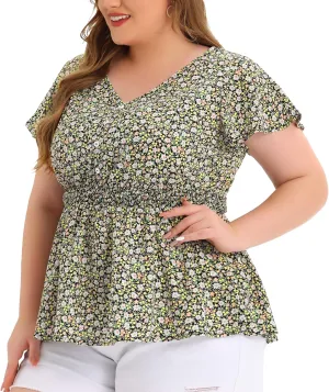 Agnes Orinda Plus Size Blouses for Women Button V Neck Smocked Waist Flare Short Sleeve Peplum Floral Tops