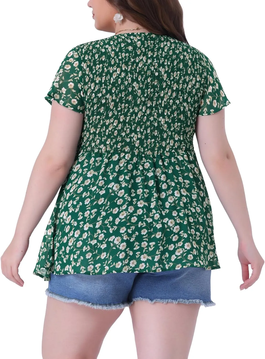 Agnes Orinda Plus Size Chiffon Blouses for Women Summer Flare Short Sleeve Smocked Ditsy Floral Peplum Top
