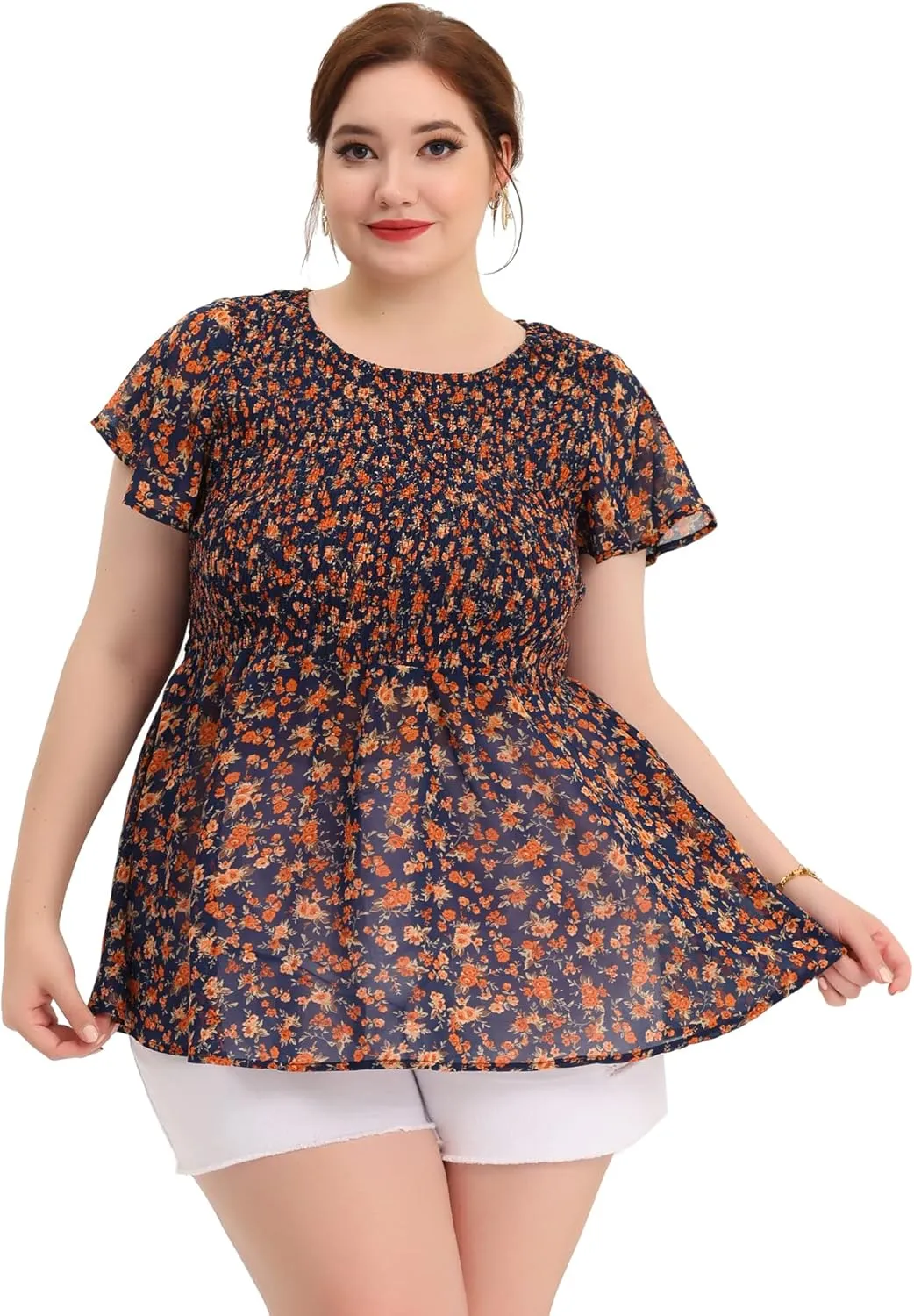 Agnes Orinda Plus Size Chiffon Blouses for Women Summer Flare Short Sleeve Smocked Ditsy Floral Peplum Top