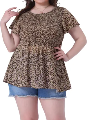 Agnes Orinda Plus Size Chiffon Blouses for Women Summer Flare Short Sleeve Smocked Ditsy Floral Peplum Top