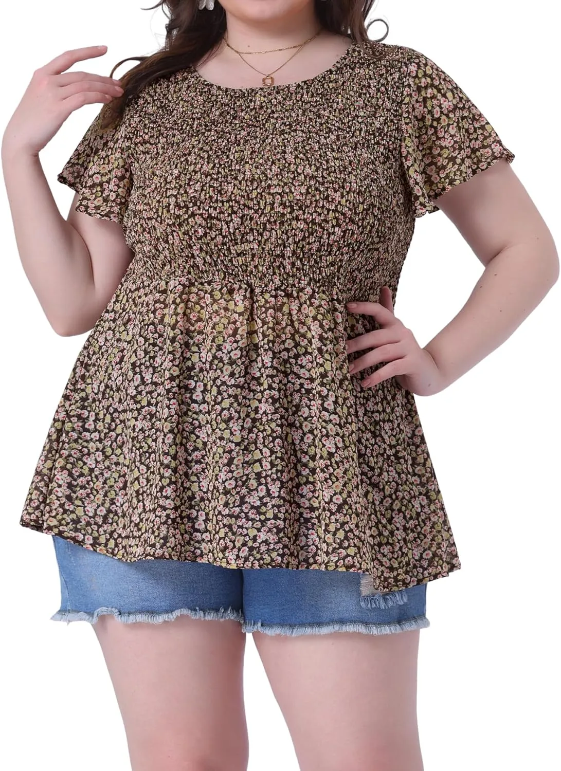Agnes Orinda Plus Size Chiffon Blouses for Women Summer Flare Short Sleeve Smocked Ditsy Floral Peplum Top