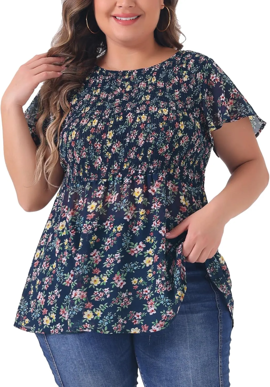 Agnes Orinda Plus Size Chiffon Blouses for Women Summer Flare Short Sleeve Smocked Ditsy Floral Peplum Top