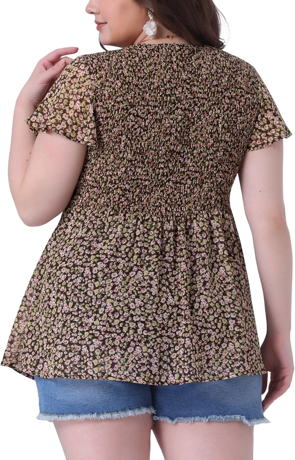 Agnes Orinda Plus Size Chiffon Blouses for Women Summer Flare Short Sleeve Smocked Ditsy Floral Peplum Top