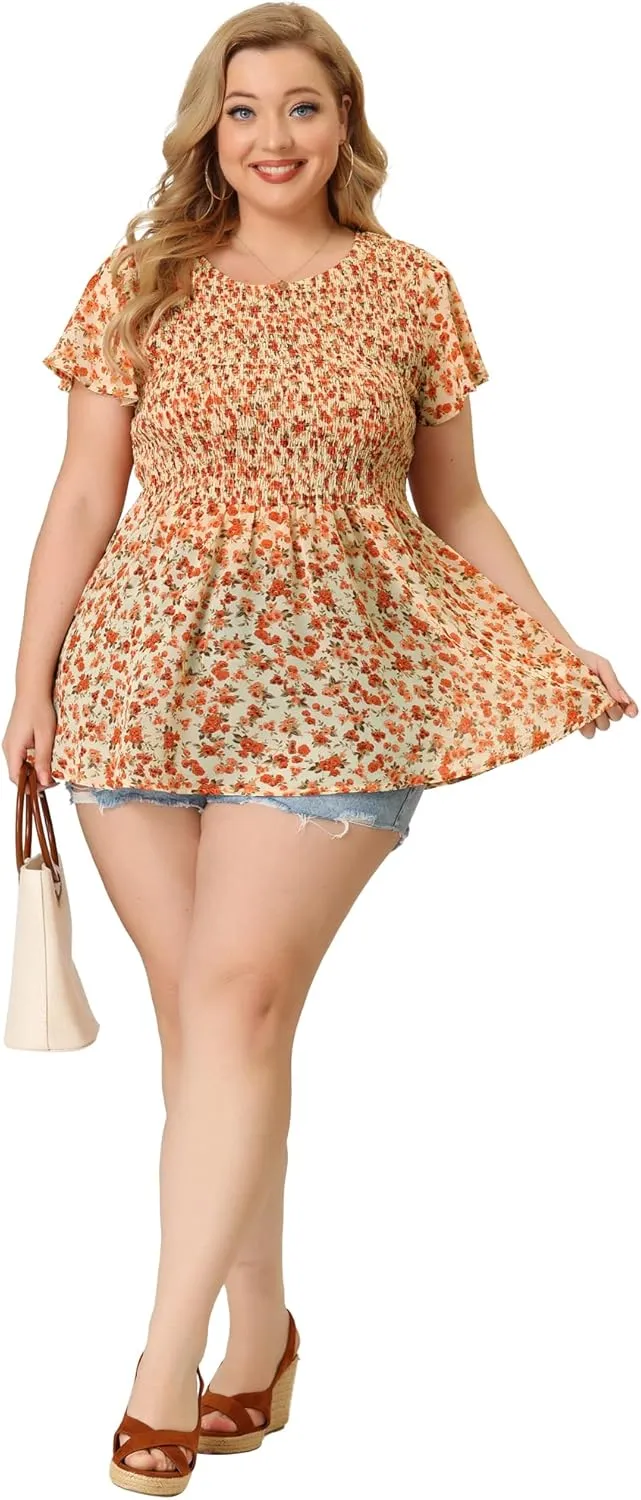 Agnes Orinda Plus Size Chiffon Blouses for Women Summer Flare Short Sleeve Smocked Ditsy Floral Peplum Top