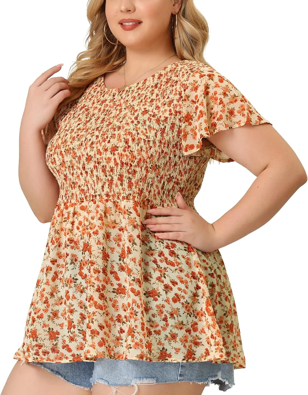 Agnes Orinda Plus Size Chiffon Blouses for Women Summer Flare Short Sleeve Smocked Ditsy Floral Peplum Top