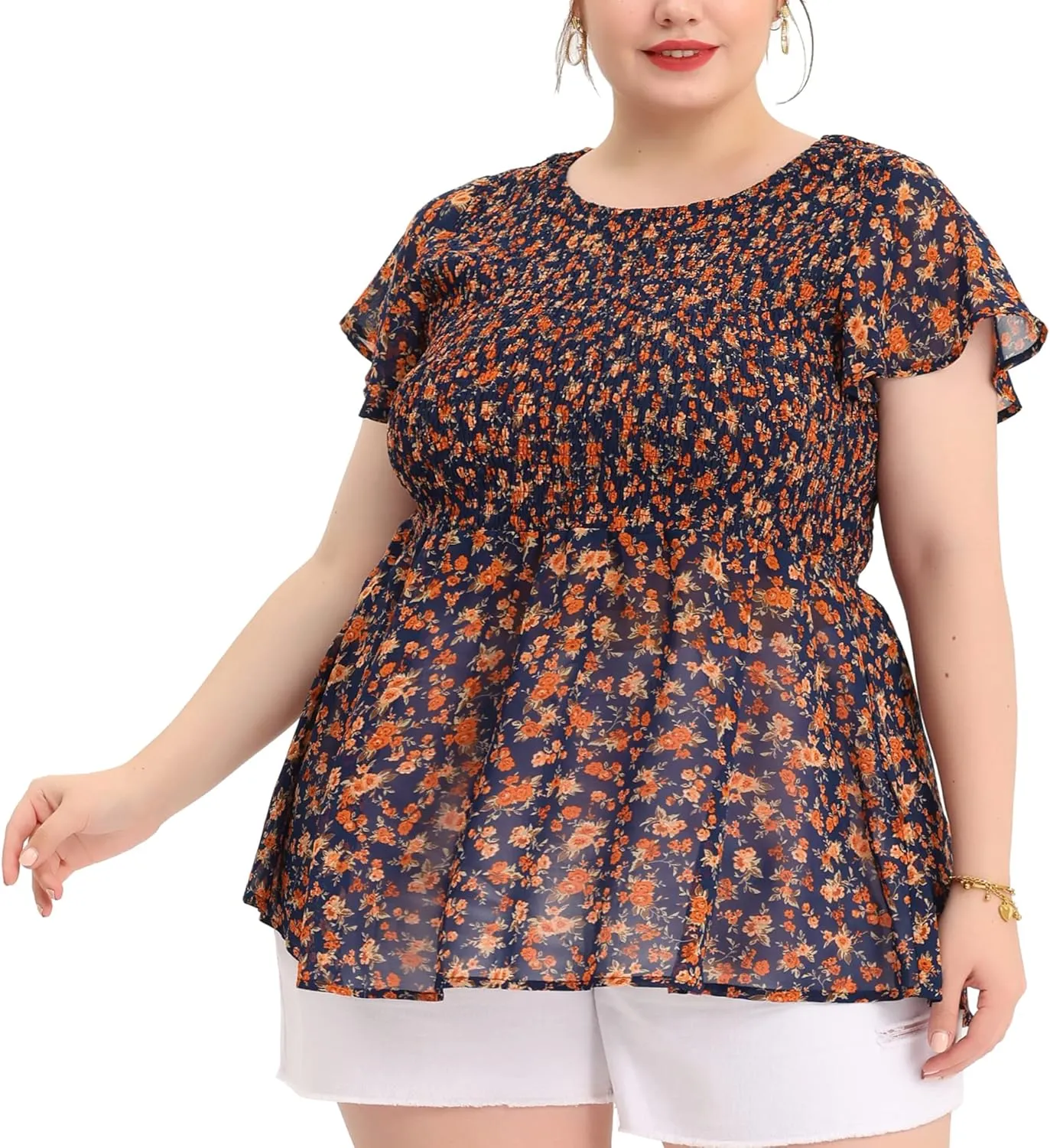 Agnes Orinda Plus Size Chiffon Blouses for Women Summer Flare Short Sleeve Smocked Ditsy Floral Peplum Top