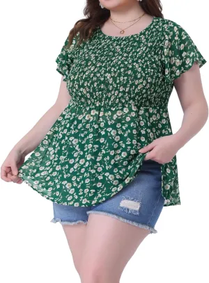 Agnes Orinda Plus Size Chiffon Blouses for Women Summer Flare Short Sleeve Smocked Ditsy Floral Peplum Top