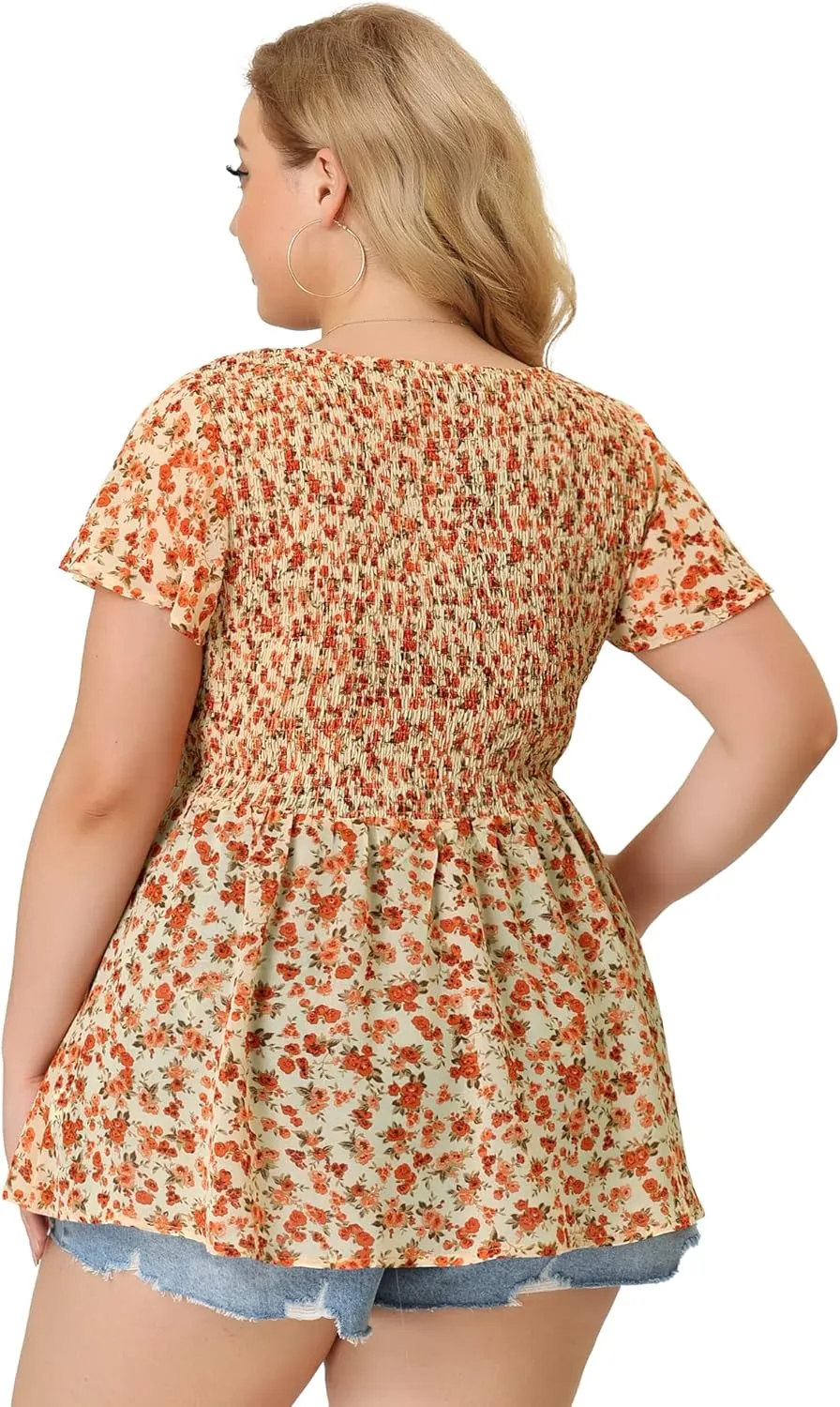 Agnes Orinda Plus Size Chiffon Blouses for Women Summer Flare Short Sleeve Smocked Ditsy Floral Peplum Top